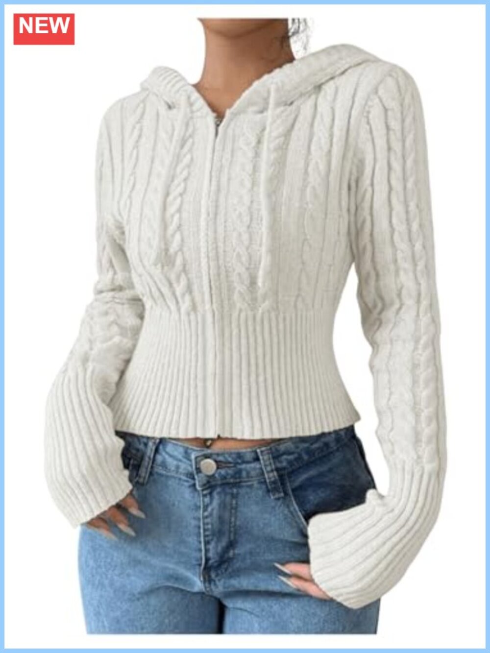 Womens Cable Knit Cropped Cardigan Sweater with Drawstring Hood and Zipper